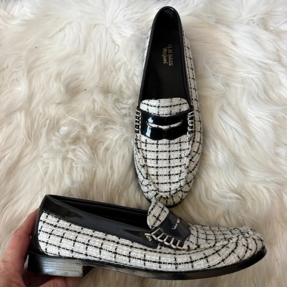 GH Bass Whitney Weejun Loafers Black White Tweed Penny Loafer BAX3W015 Womens 9M